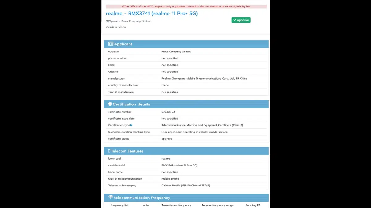 Realme 11 Pro+ spotted on BIS, NBTC certification