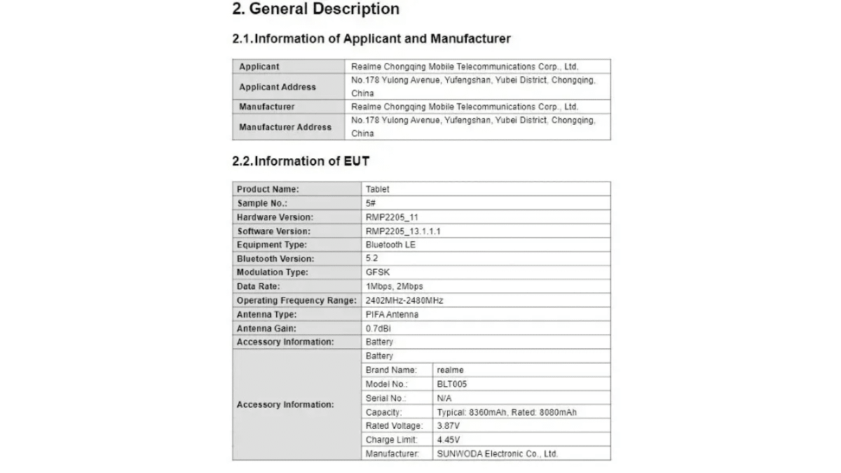 Realme Pad 2 FCC Certification