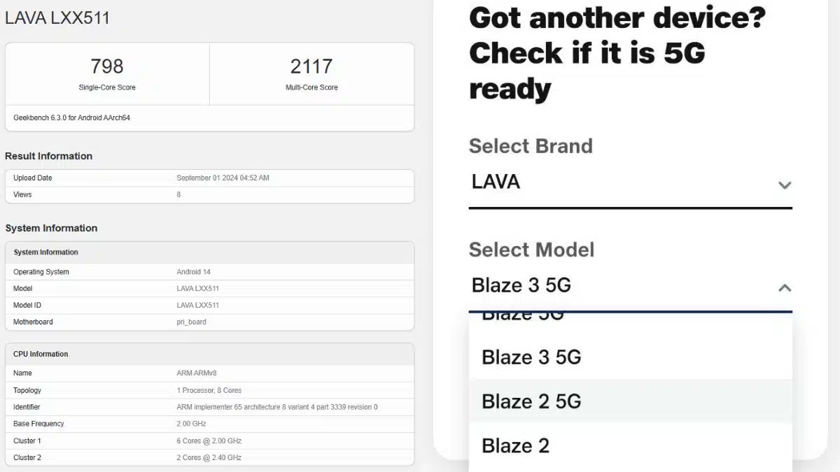 Lava Blaze 3 5G Geekbench.Details